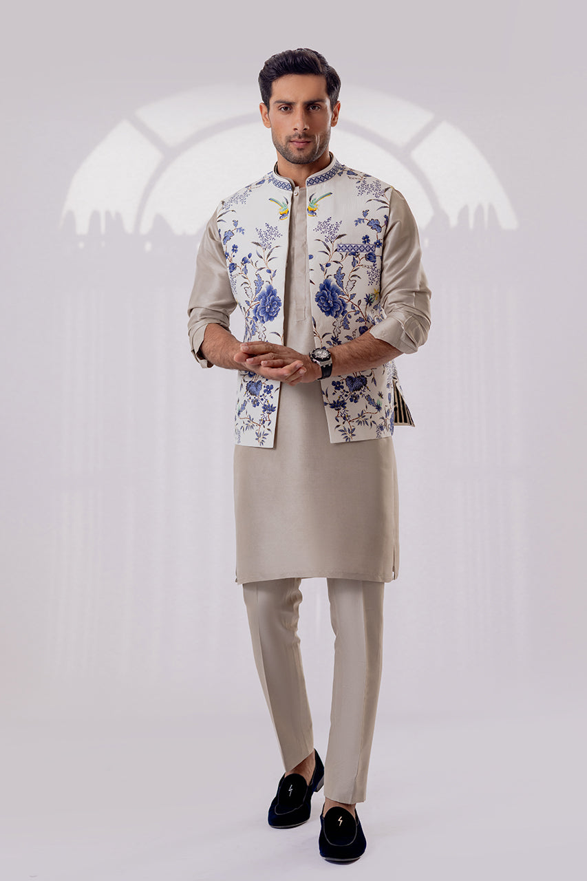 Ivory Floral Embellished Raw Silk Waistcoat Kurta (3-Piece) - Image 1