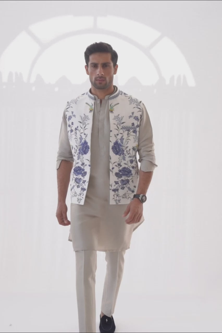 Ivory Floral Embellished Raw Silk Waistcoat Kurta (3-Piece) - Image 5