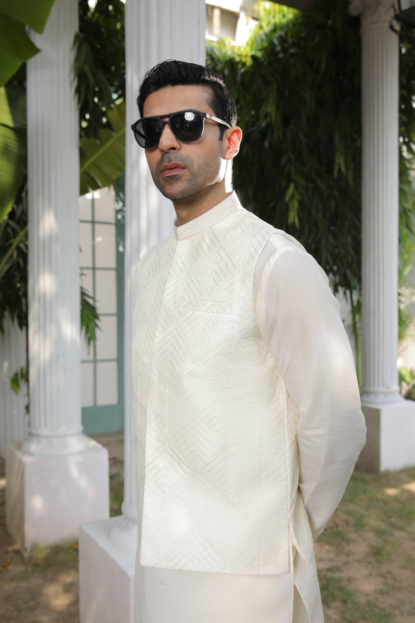 Ivory Geometric Embroidered Raw Silk Waistcoat Kurta (3-Piece) - Image 1