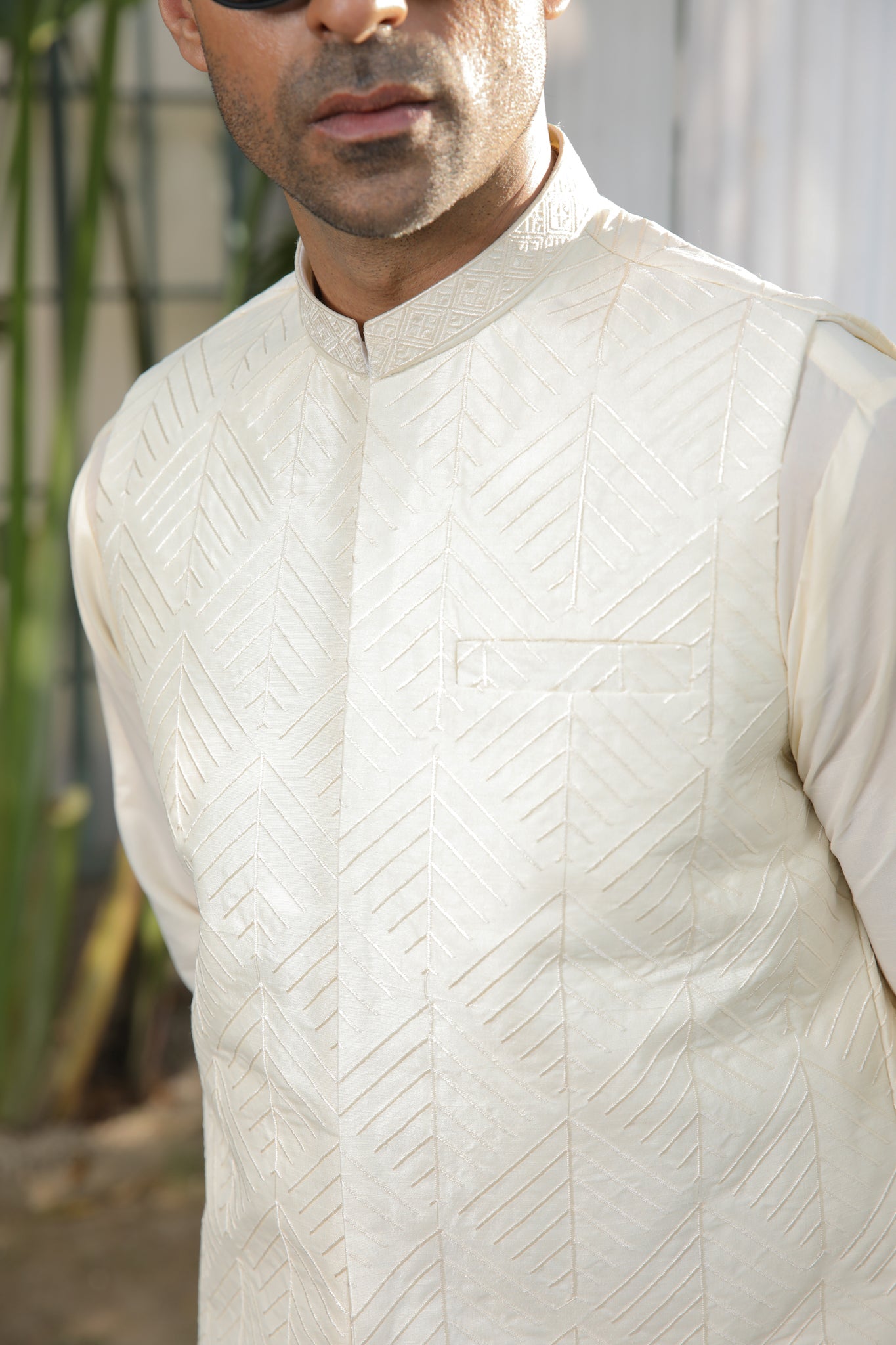 Ivory Geometric Embroidered Raw Silk Waistcoat Kurta (3-Piece) - Image 5
