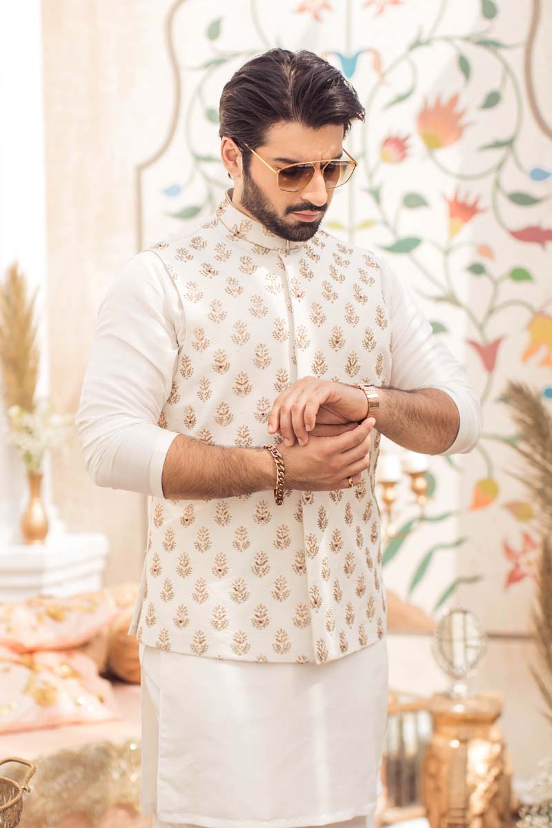 Ivory Embroidered Raw Silk Waistcoat Kurta (3-Piece) - Image 7