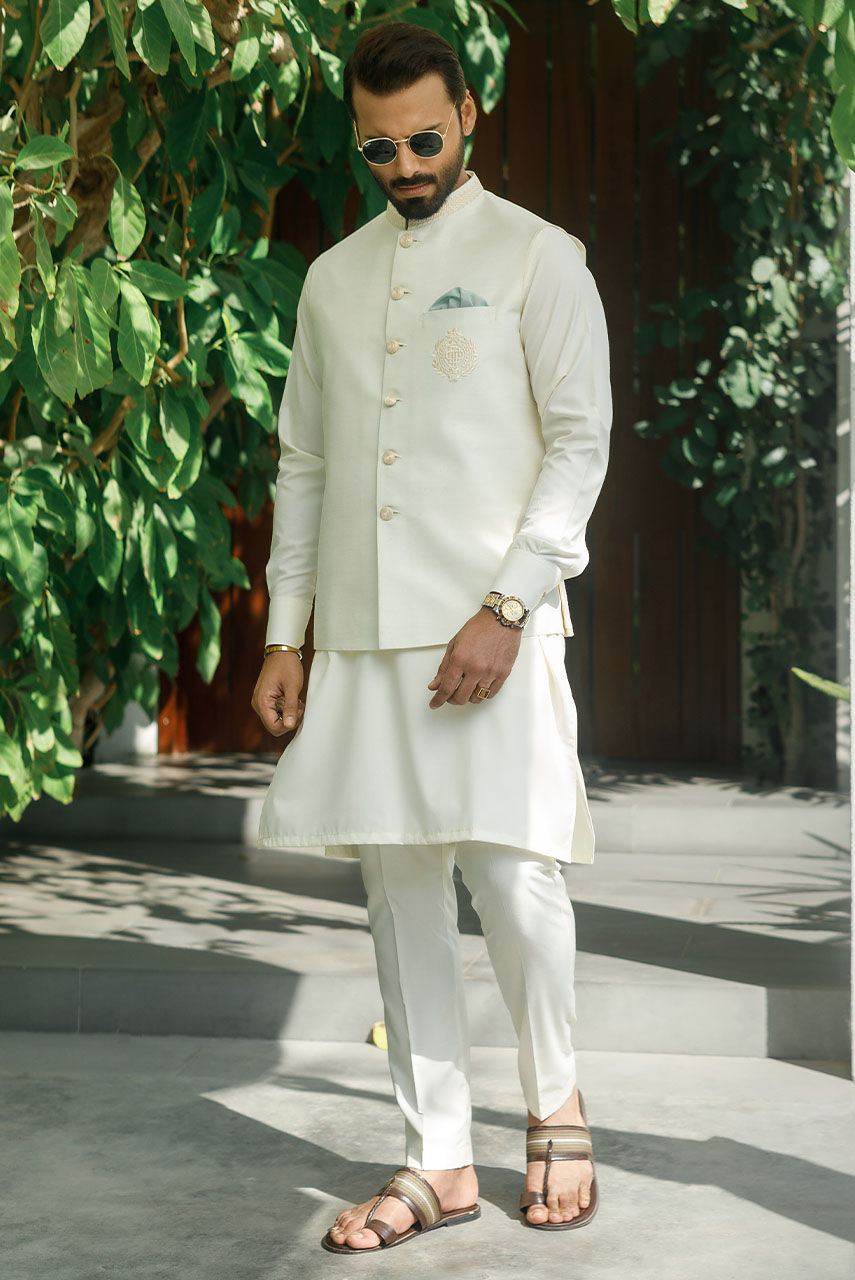 Off White Embroidered Raw Silk Waistcoat Kurta (3-Piece) - Image 1