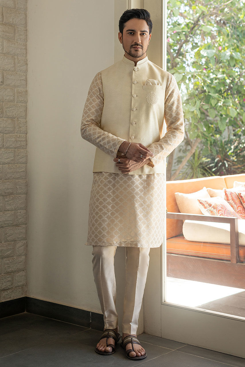 Ivory Aari Embroidered Raw Silk Waistcoat Kurta (3-Piece) - Image 1