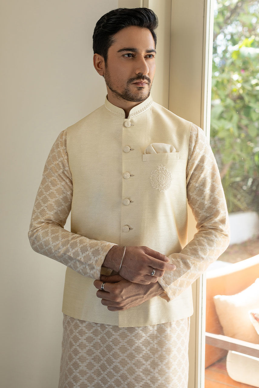 Ivory Aari Embroidered Raw Silk Waistcoat Kurta (3-Piece) - Image 2