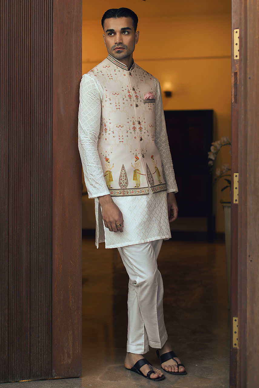 Ivory Digital Printed Raw Silk Waistcoat Kurta (3-Piece) - Image 1