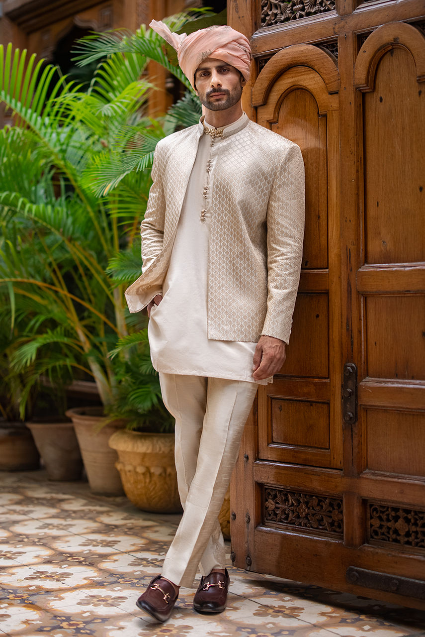 Off-White Jacquard Raw Silk Waistcoat Kurta (3-Piece) - Image 1