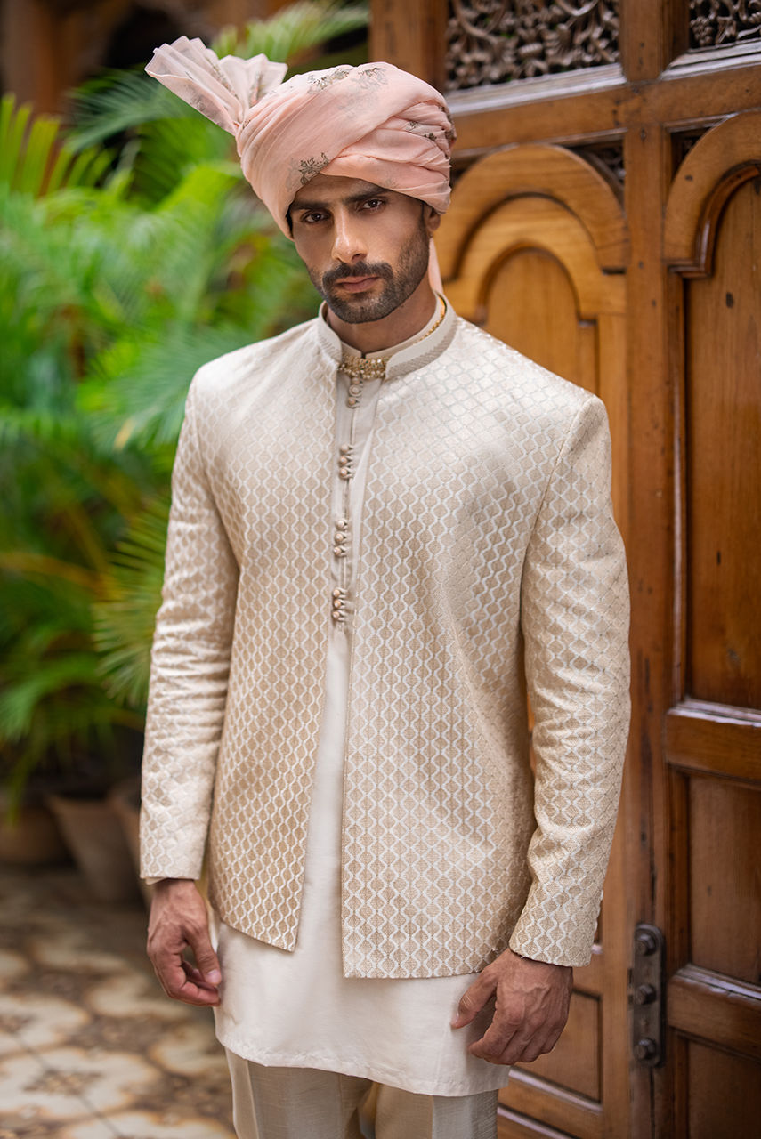 Off-White Jacquard Raw Silk Waistcoat Kurta (3-Piece) - Image 2