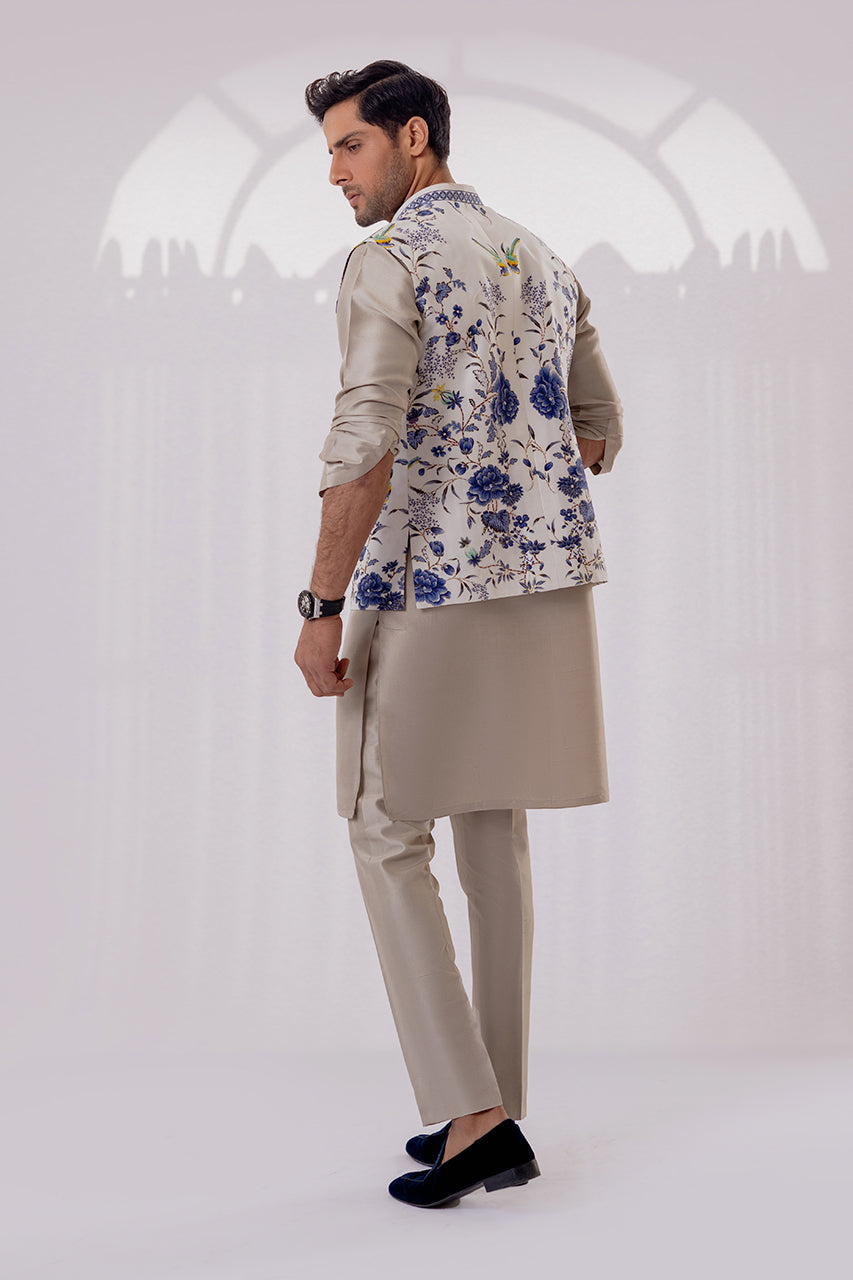 Ivory Floral Embellished Raw Silk Waistcoat Kurta (3-Piece) - Image 2
