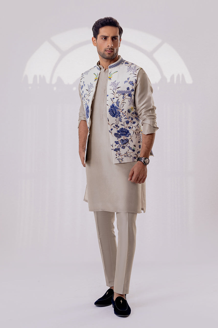 Ivory Floral Embellished Raw Silk Waistcoat Kurta (3-Piece) - Image 3