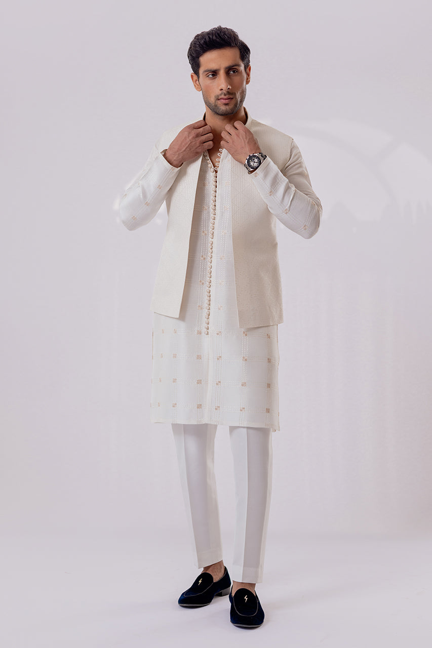 Off-White Embroidered Raw Silk Waistcoat Kurta (3-Piece) - Image 1