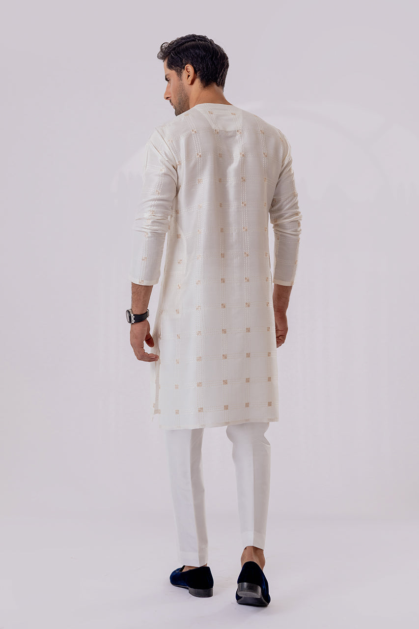 Off-White Embroidered Raw Silk Waistcoat Kurta (3-Piece) - Image 2
