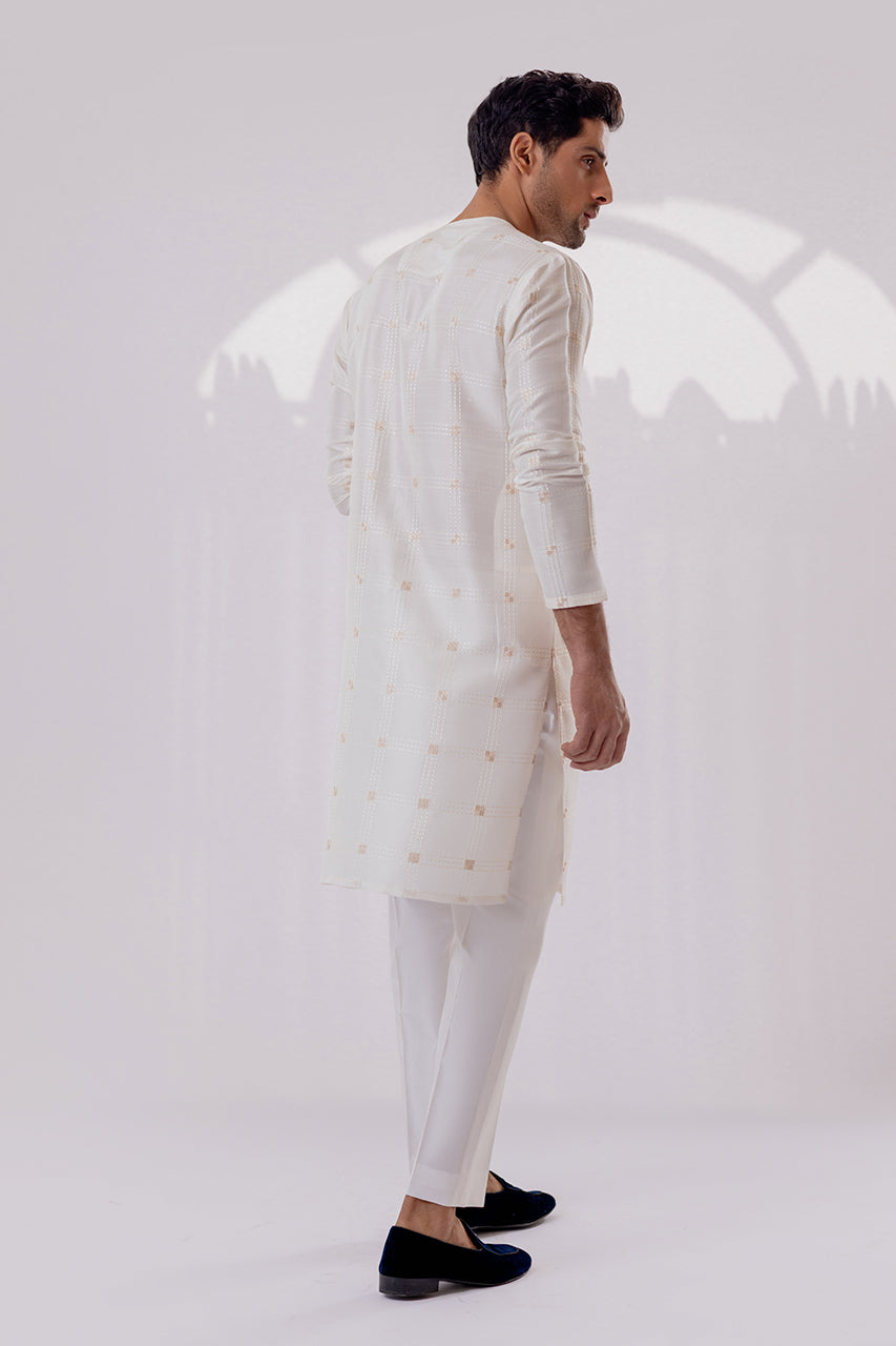 Off-White Embroidered Raw Silk Waistcoat Kurta (3-Piece) - Image 6
