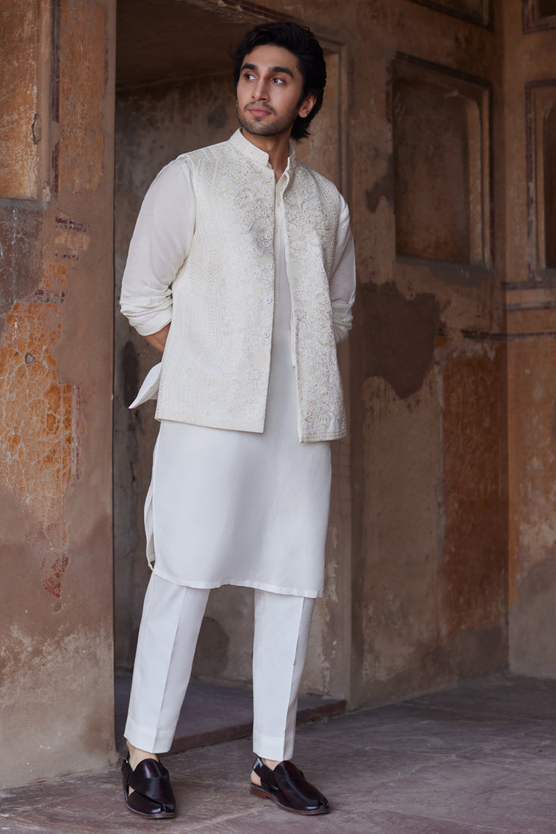 Ivory Embroidered Raw Silk Waistcoat (3-Piece) - Image 3
