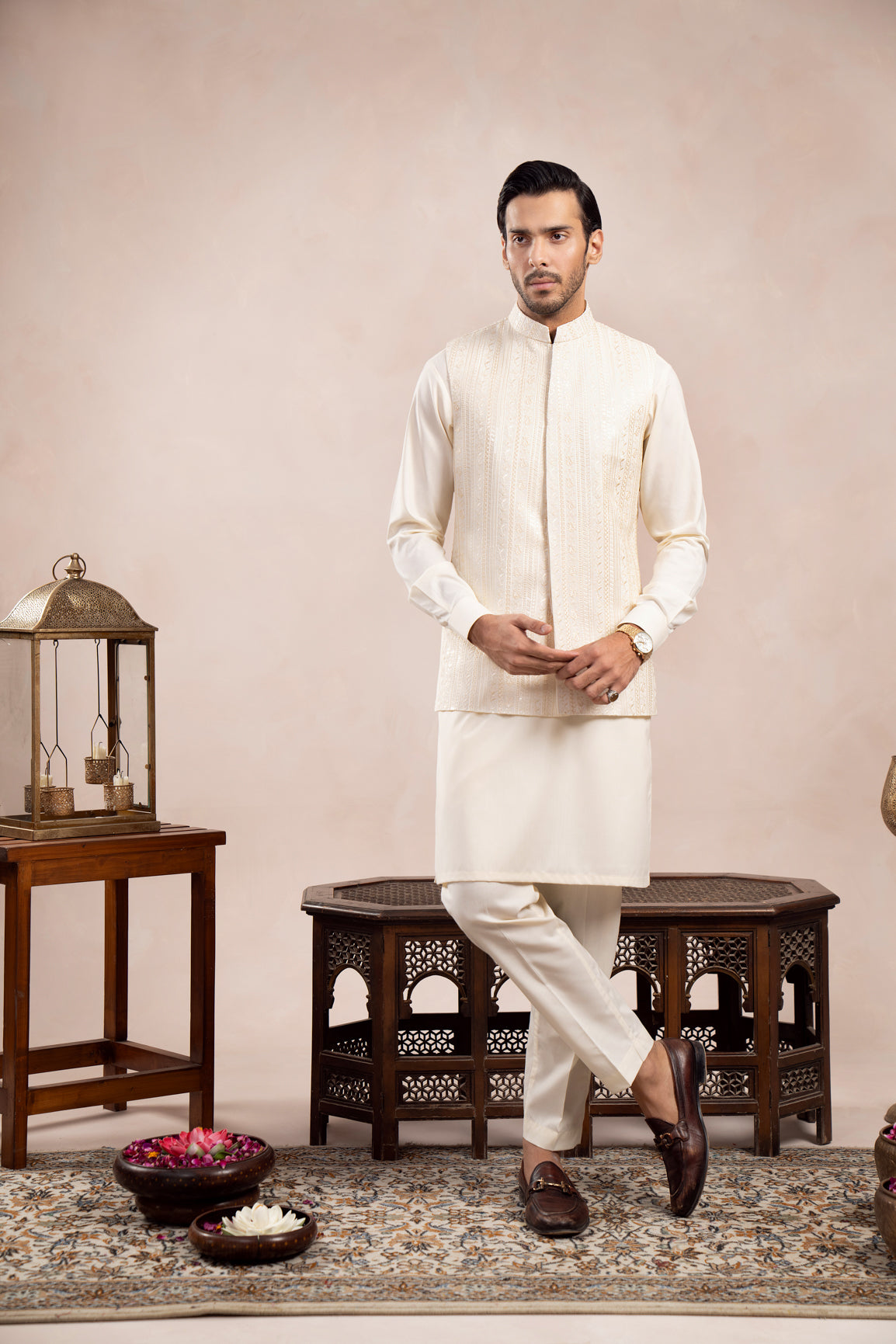 Ivory Embroidered Raw Silk Waistcoat Kurta (3-Piece) - Image 3