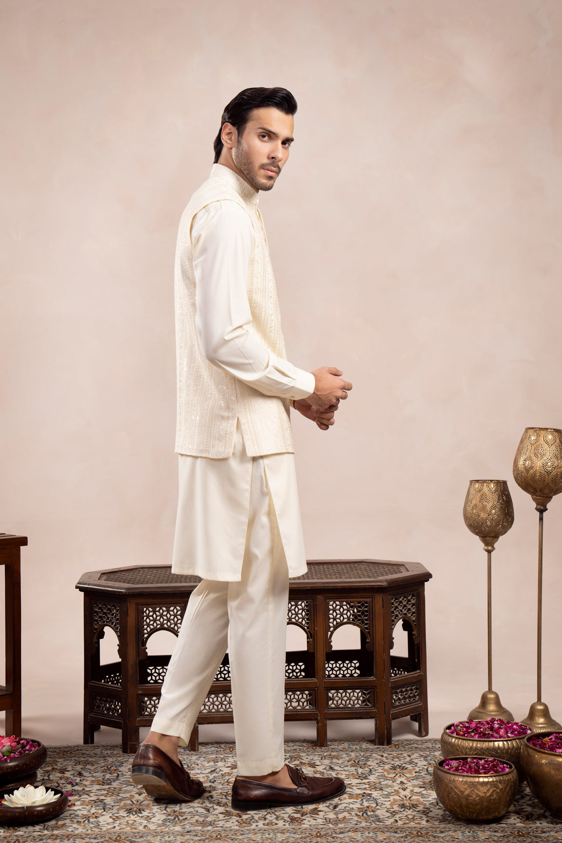Ivory Embroidered Raw Silk Waistcoat Kurta (3-Piece) - Image 4
