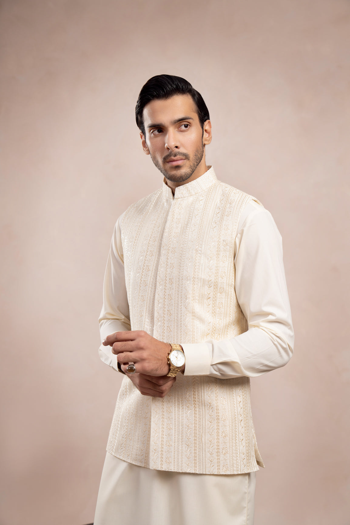 Ivory Embroidered Raw Silk Waistcoat Kurta (3-Piece) - Image 5