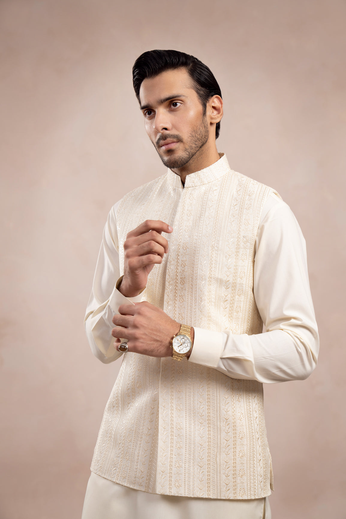 Ivory Embroidered Raw Silk Waistcoat Kurta (3-Piece) - Image 6
