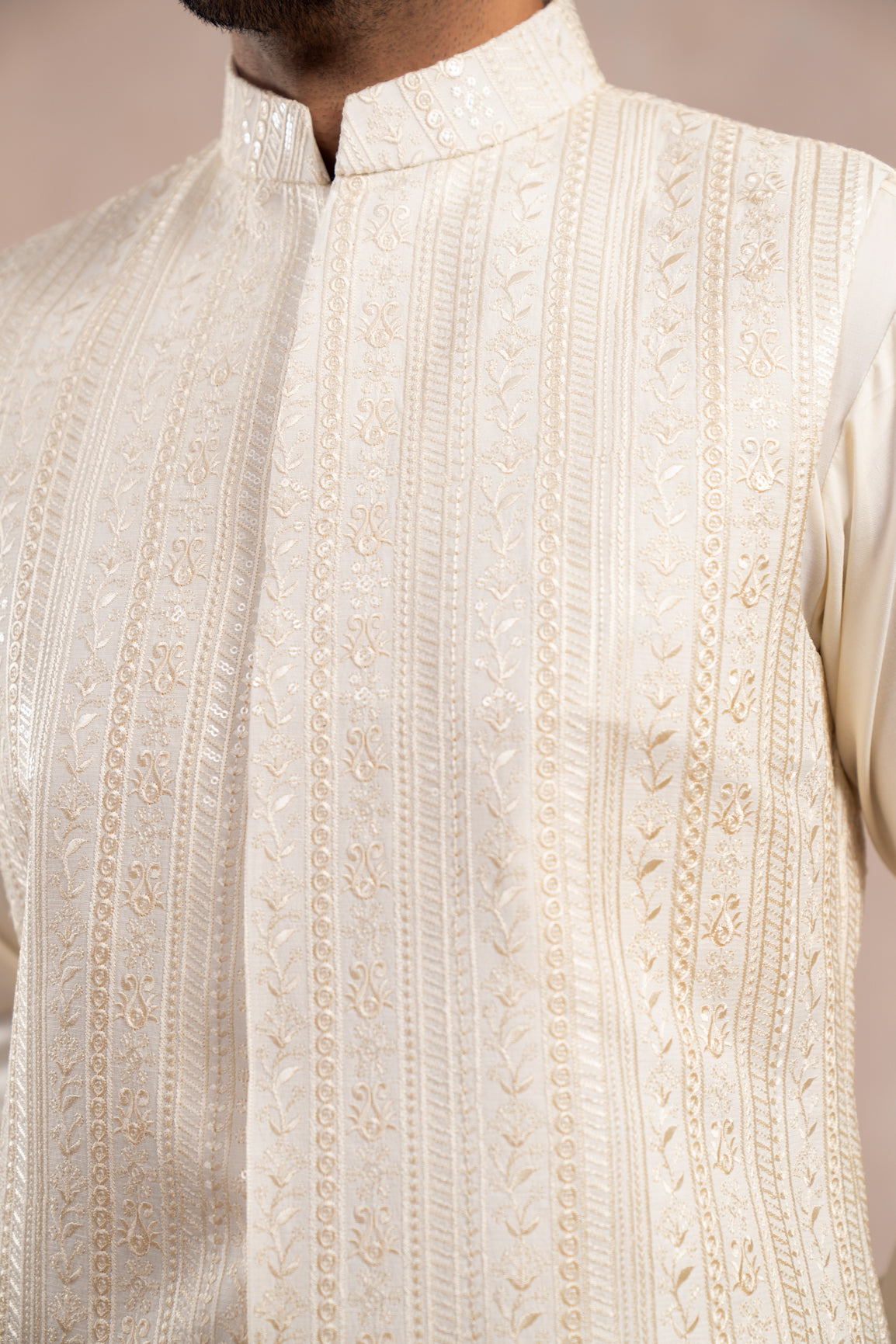 Ivory Embroidered Raw Silk Waistcoat Kurta (3-Piece) - Image 7