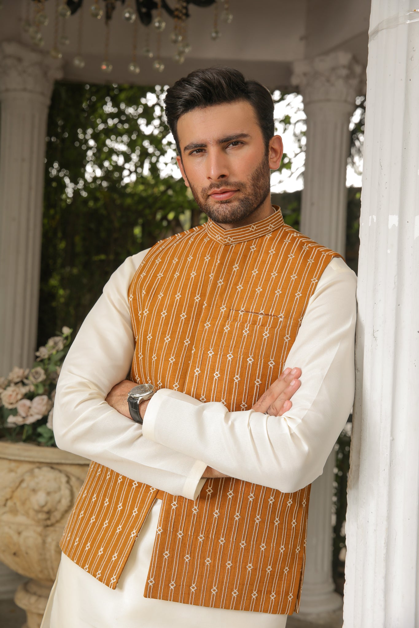 Off White Embroidered Raw Silk Waistcoat Kurta (3-Piece) - Image 4