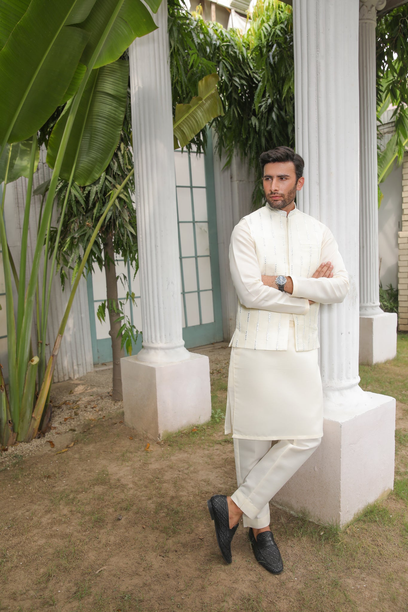 Ivory Panni Embroidered Raw Silk Waistcoat Kurta (3-Piece) - Image 4