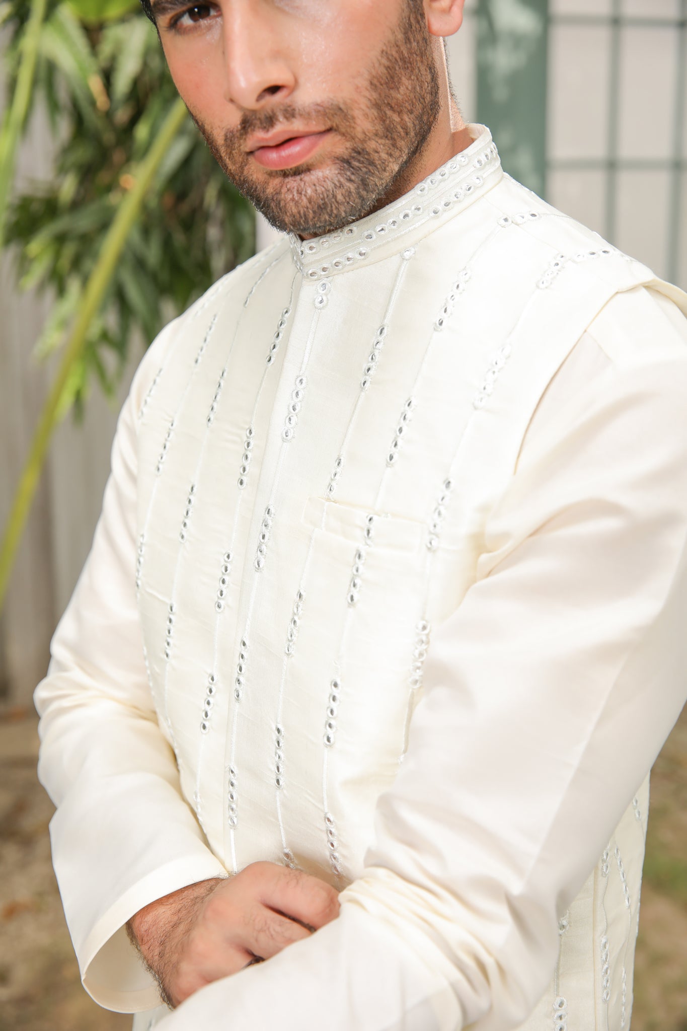 Ivory Panni Embroidered Raw Silk Waistcoat Kurta (3-Piece) - Image 5