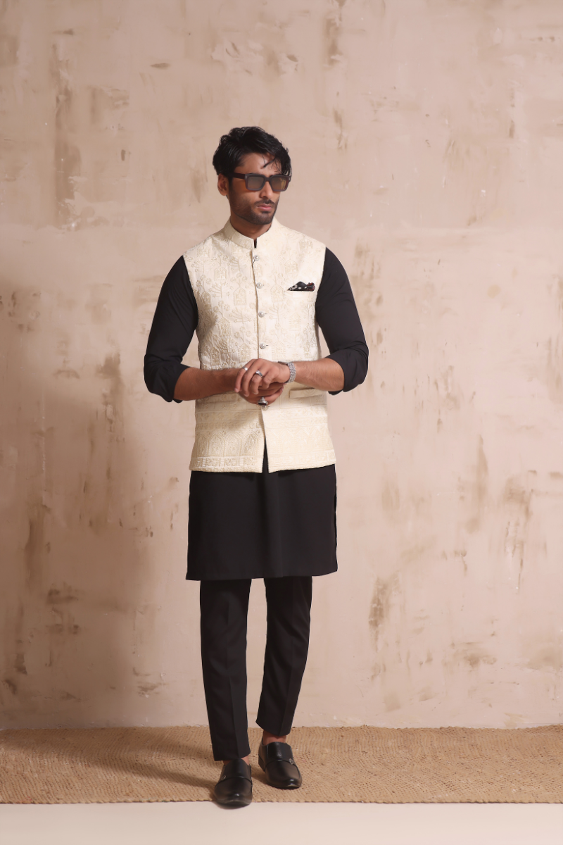 Off-White Embroidered Raw Silk Waistcoat (3-Piece) - Image 1