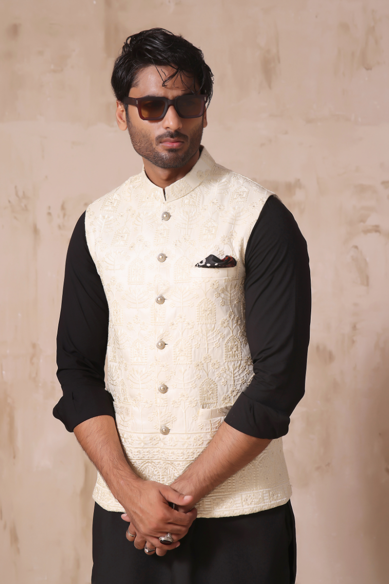Off-White Embroidered Raw Silk Waistcoat (3-Piece) - Image 2