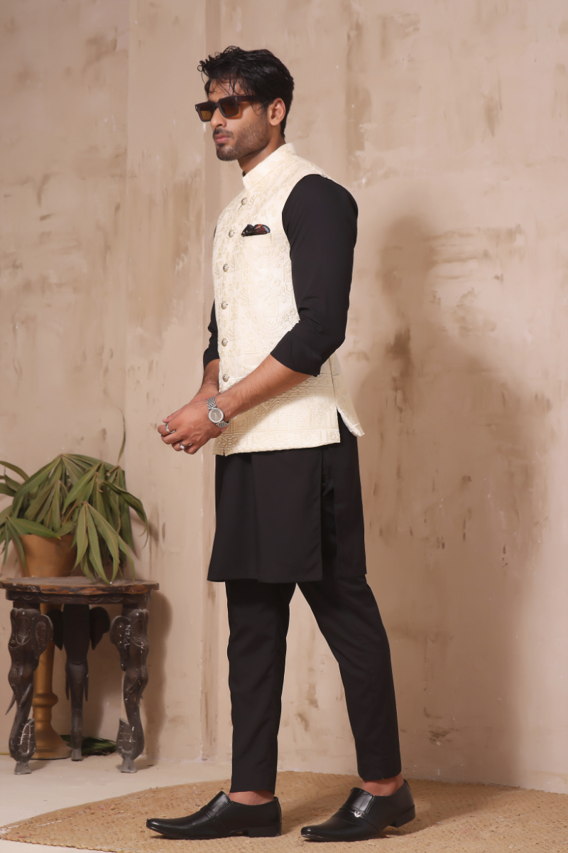 Off-White Embroidered Raw Silk Waistcoat (3-Piece) - Image 3