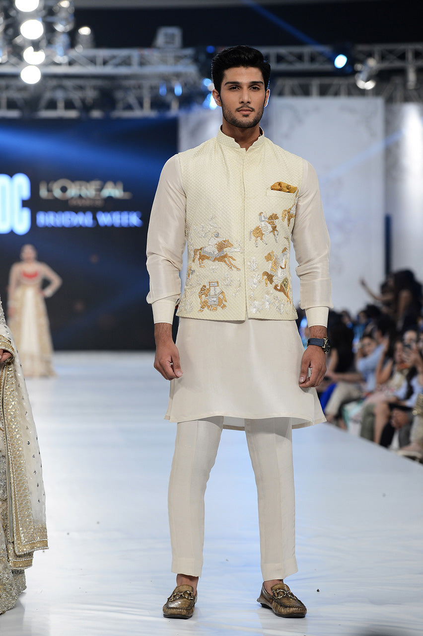 Off White Embroidered Raw Silk Waistcoat Kurta (3-Piece) - Image 1
