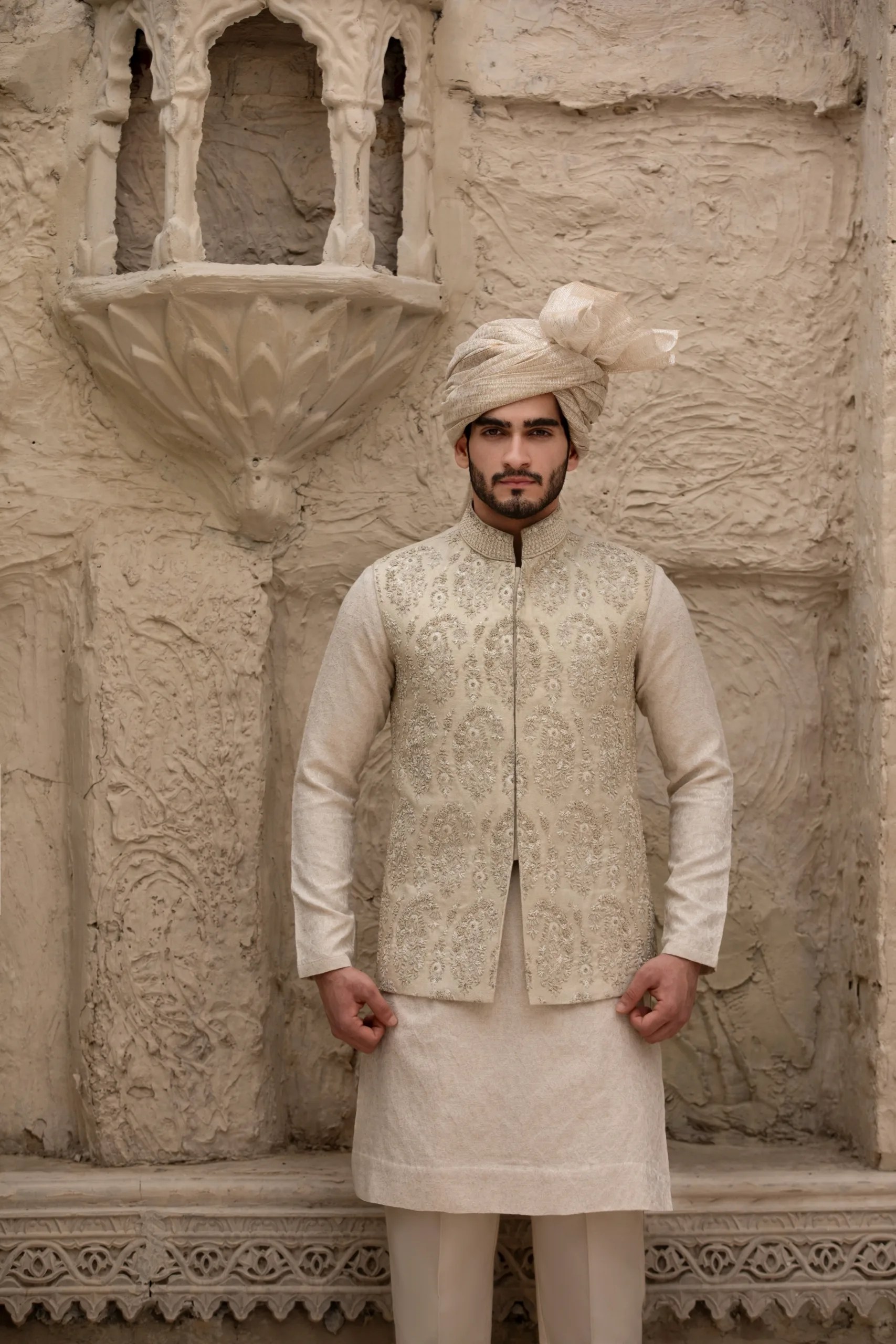 Off-White Beige Embroidered Silk-Blend Waistcoat (3-Piece) - Image 2