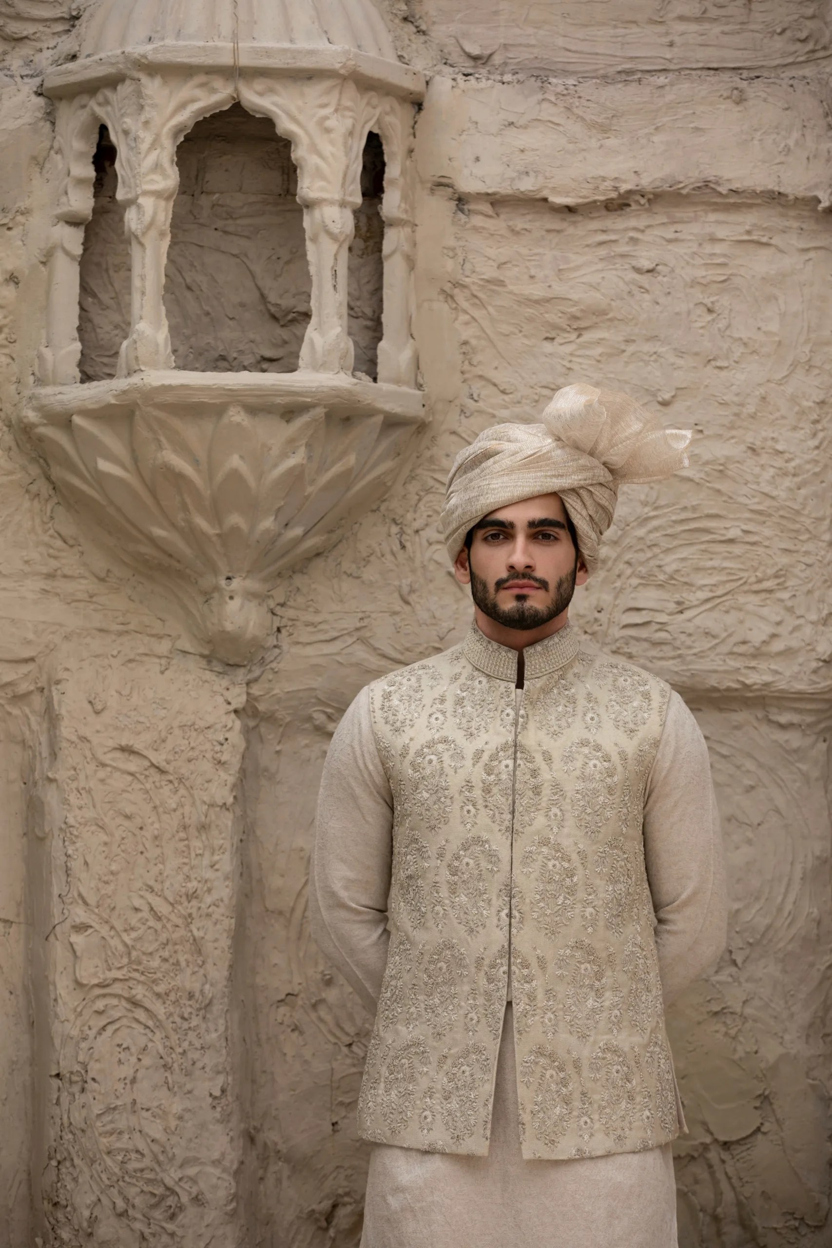 Off-White Beige Embroidered Silk-Blend Waistcoat (3-Piece) - Image 4