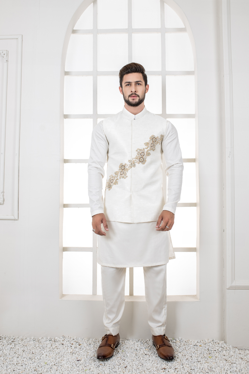 Ivory Embroidered Silk-Blend Men's Waistcoat (3-Piece) - Image 1