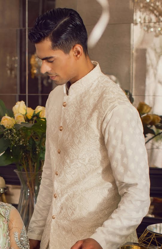 Ivory White Embroidered Silk-Blend Waistcoat Kurta (3-Piece) - Image 1
