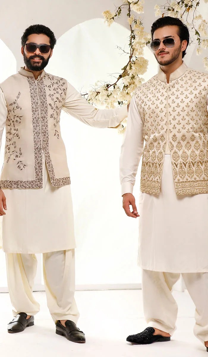 Ivory Embroidered Cotton-Silk Waistcoat Kurta (3-Piece) - Image 1