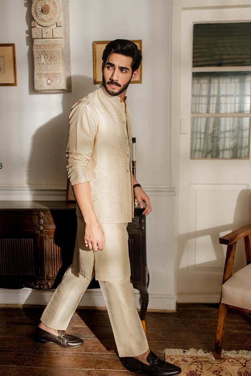 Dutch White Embroidered Silk-Blend Waistcoat Kurta (3-Piece) - Image 5