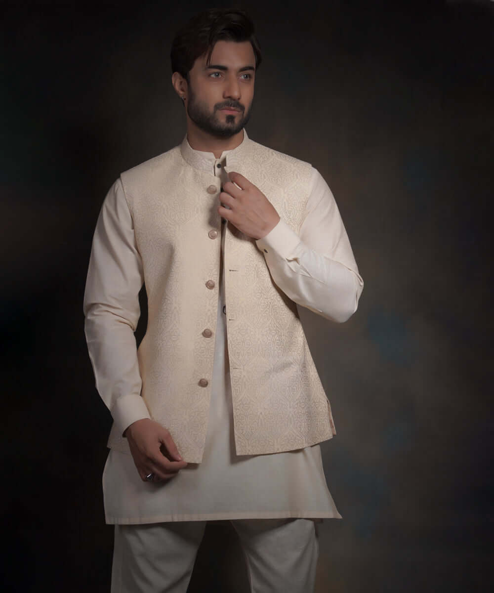 Ivory Light Gold Cross-Stitch Silk-Blend Waistcoat Kurta (3-Piece) - Image 1
