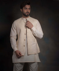 Ivory Light Gold Cross-Stitch Silk-Blend Waistcoat Kurta (3-Piece) - Image 2