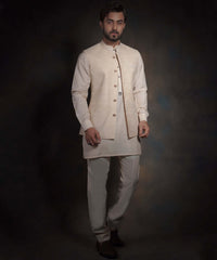 Ivory Light Gold Cross-Stitch Silk-Blend Waistcoat Kurta (3-Piece) - Image 3