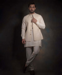 Ivory Light Gold Cross-Stitch Silk-Blend Waistcoat Kurta (3-Piece) - Image 4