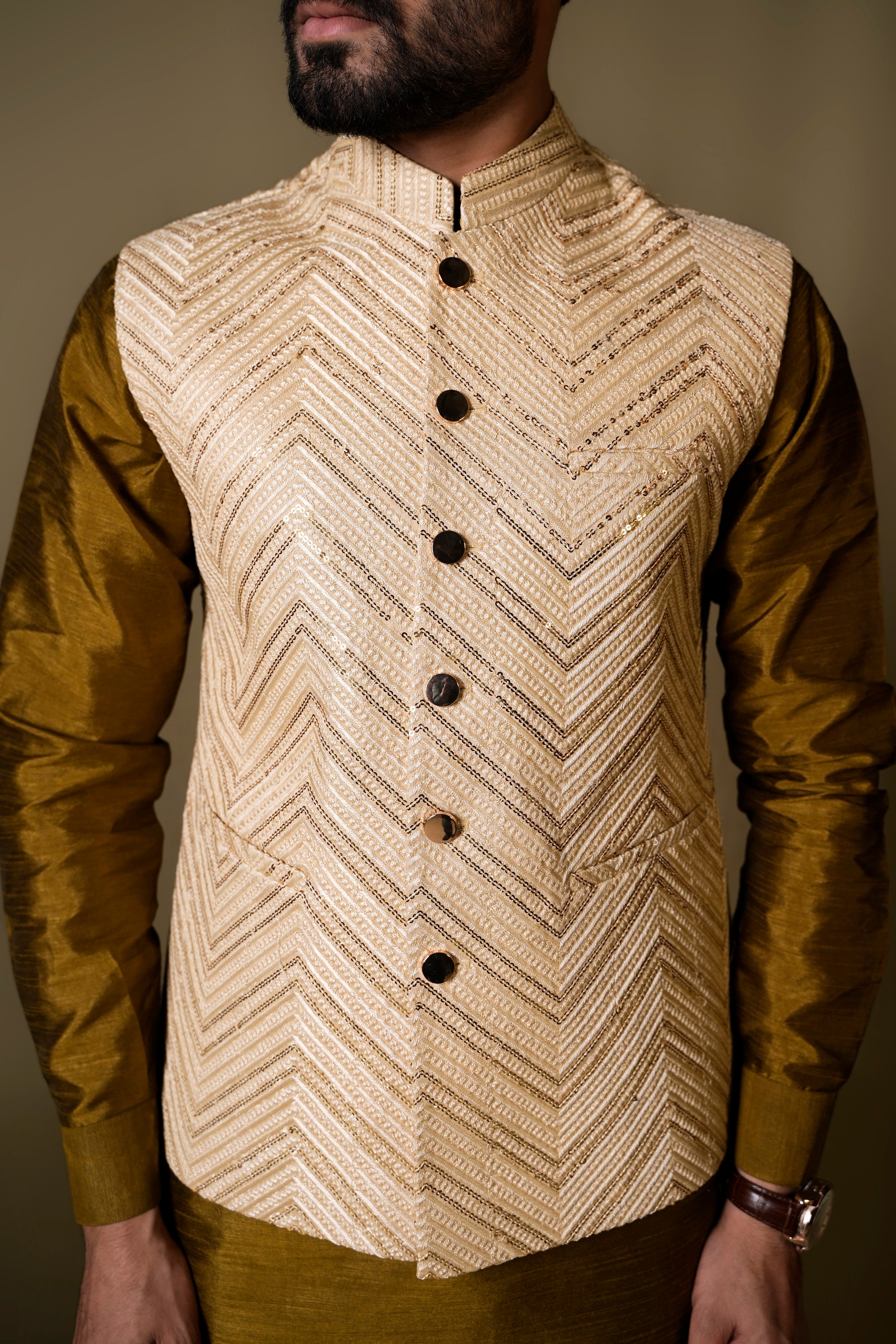 Off-White Embroidered Silk-Blend Waistcoat Kurta (3-Piece) - Image 1
