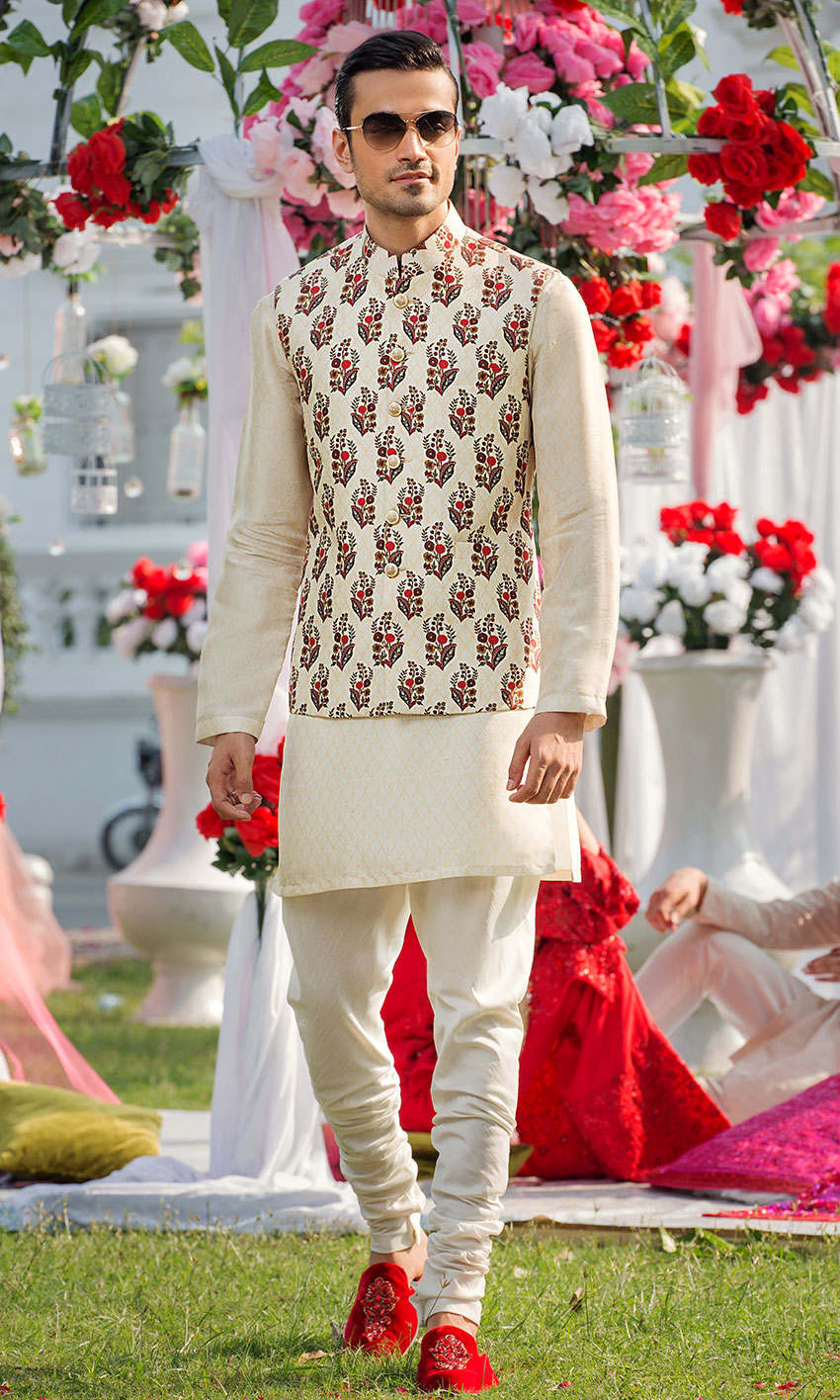 Ivory-Yellow Embroidered Silk-Blend Waistcoat Kurta (3-Piece) - Image 1