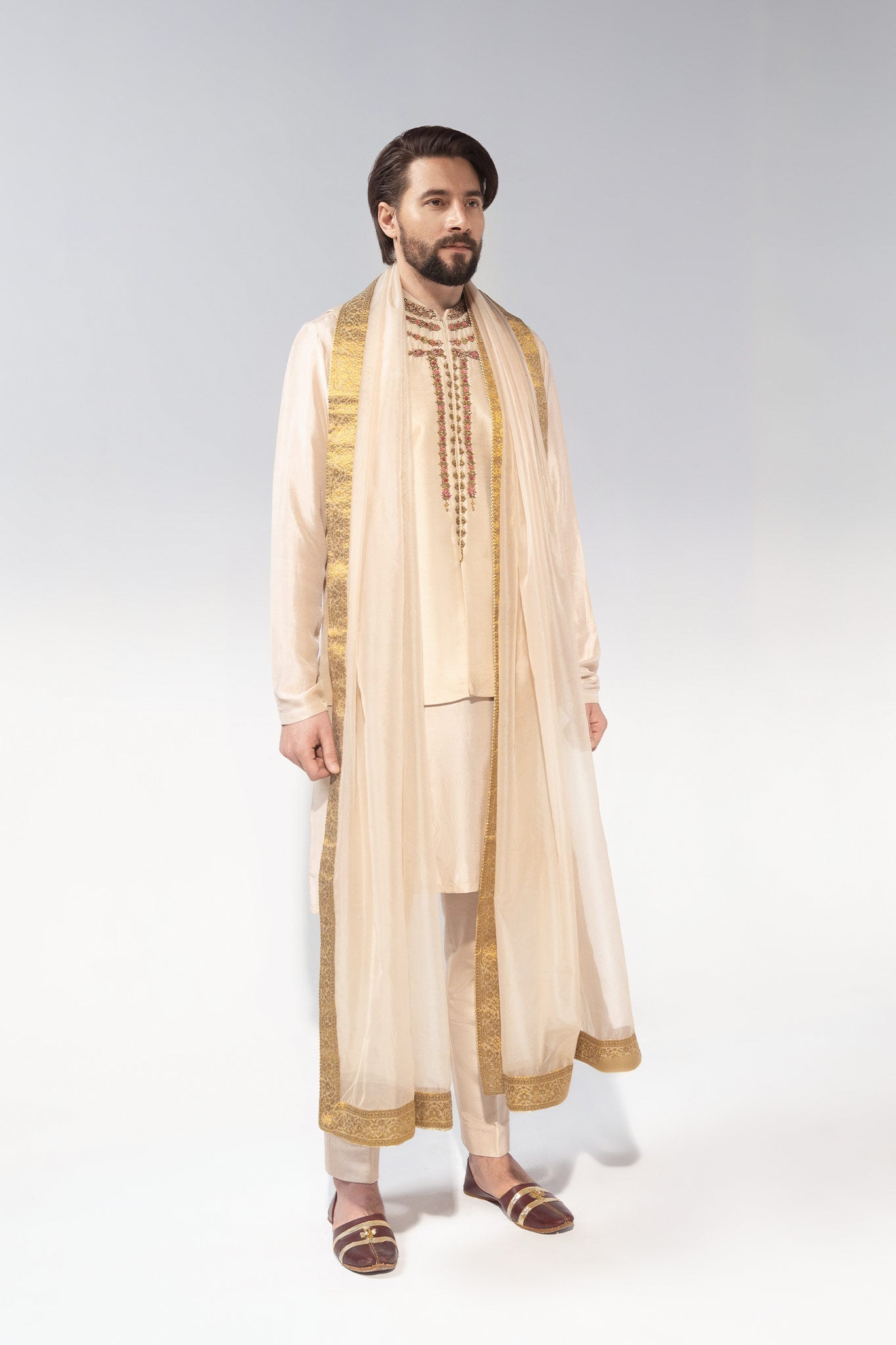 Ivory Embroidered Silk-Blend Waistcoat Kurta Set (3-Piece) - Image 2