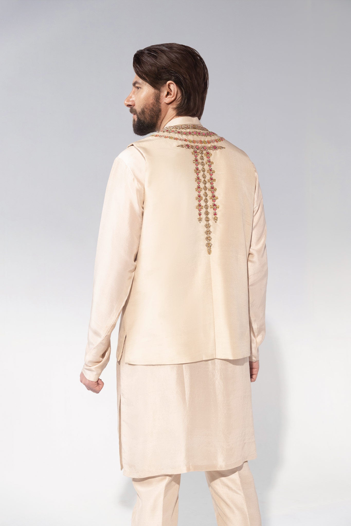 Ivory Embroidered Silk-Blend Waistcoat Kurta Set (3-Piece) - Image 3