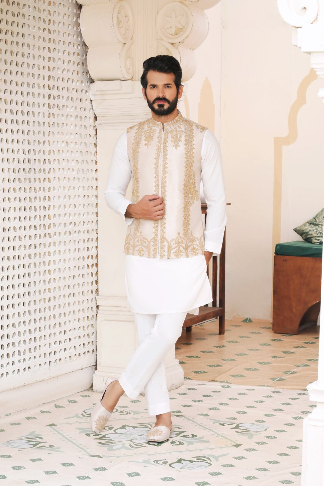 Ivory Gold Embroidered Silk-Blend Waistcoat Kurta (3-Piece) - Image 1