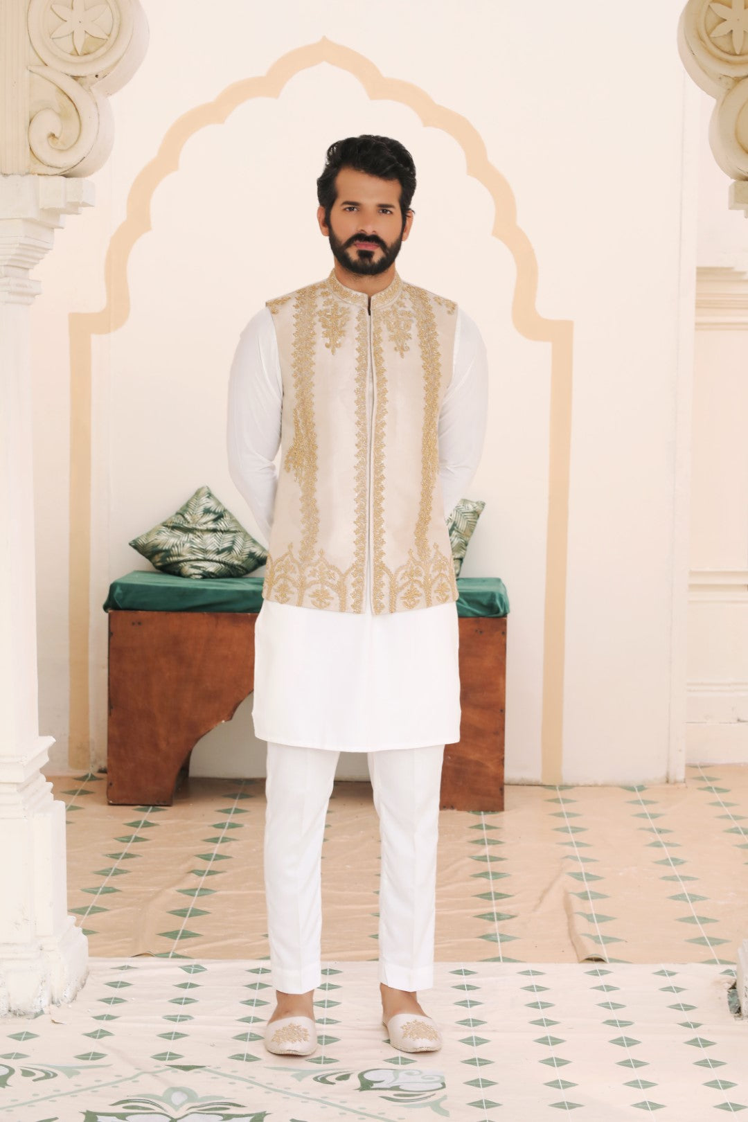 Ivory Gold Embroidered Silk-Blend Waistcoat Kurta (3-Piece) - Image 2