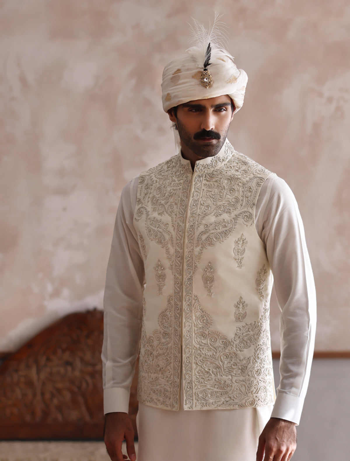Ivory Hand-Embroidered Silk-Blend Waistcoat Kurta (3-Piece) - Image 1