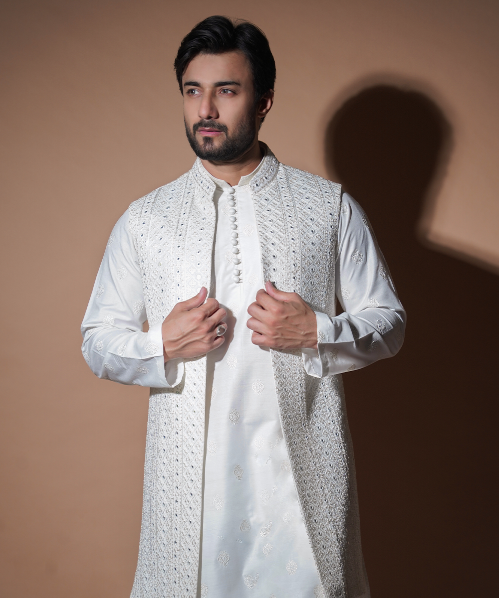 Off-White Resham & Mirror Work Silk-Blend Waistcoat Kurta (3-Piece) - Image 1