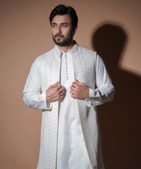 Off-White Resham & Mirror Work Silk-Blend Waistcoat Kurta (3-Piece) - Image 2