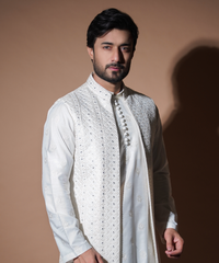 Off-White Resham & Mirror Work Silk-Blend Waistcoat Kurta (3-Piece) - Image 3