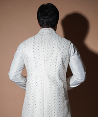Off-White Resham & Mirror Work Silk-Blend Waistcoat Kurta (3-Piece) - Image 5